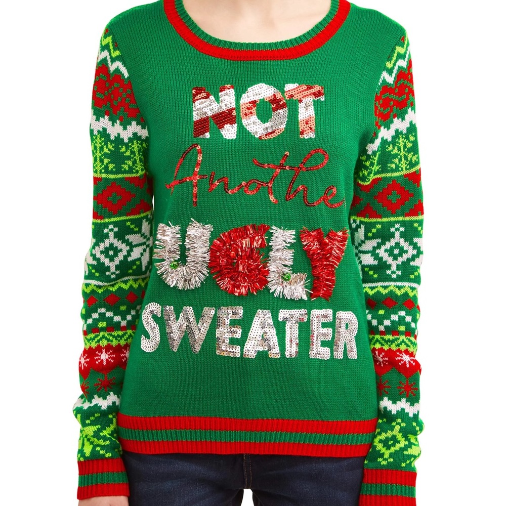 Not Another Ugly Sweater, Green Christmas Pullover with Bells, Tinsel & Sequins
